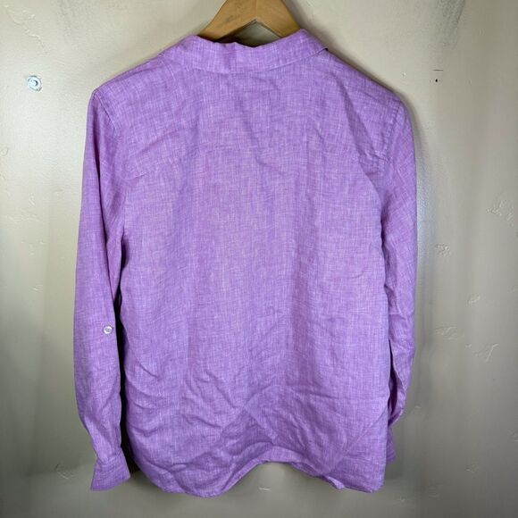 Chico’s Womens Size 8/10 100% Linen Button Down Long Sleeve Roll Tab Pink Office - Picture 7 of 7